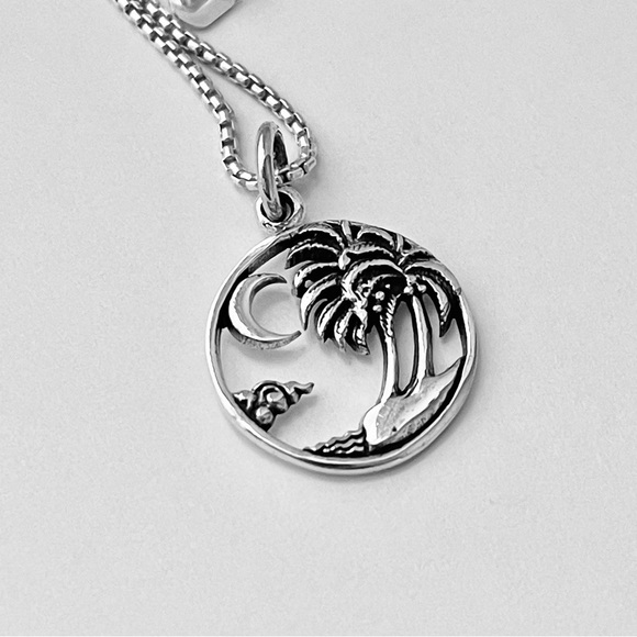 Sterling Silver Beach Palm Tree with Moon Necklace, Silver Necklace, Tropical - Picture 7 of 13